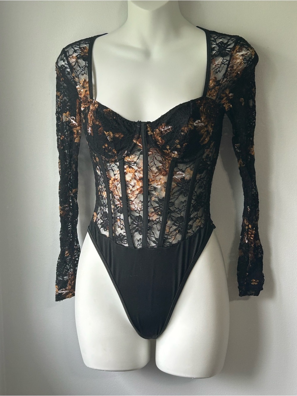 NWOT Black Lace Bodysuit with Brown Floral Accents - Picture 3 of 7